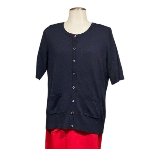 Lightweight Button-Down Navy Short-Sleeve Sweater - Picture 1 of 9